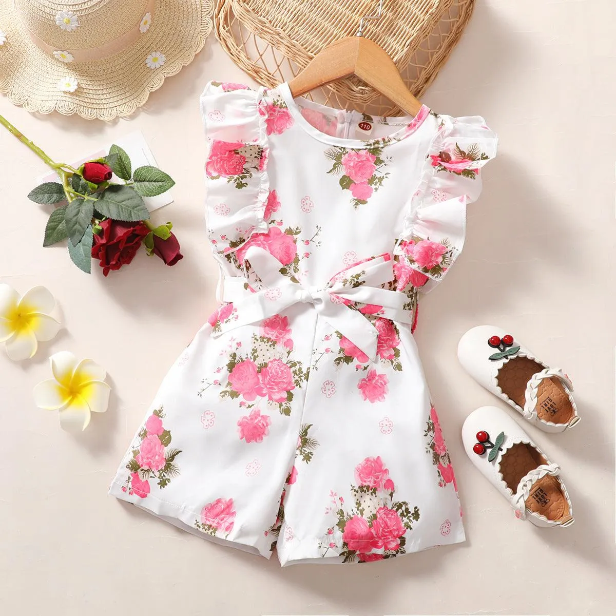 18M-6Y Toddler Girls Romper Flutter Sleeve Flower Wholesale Sunny Girl Clothing