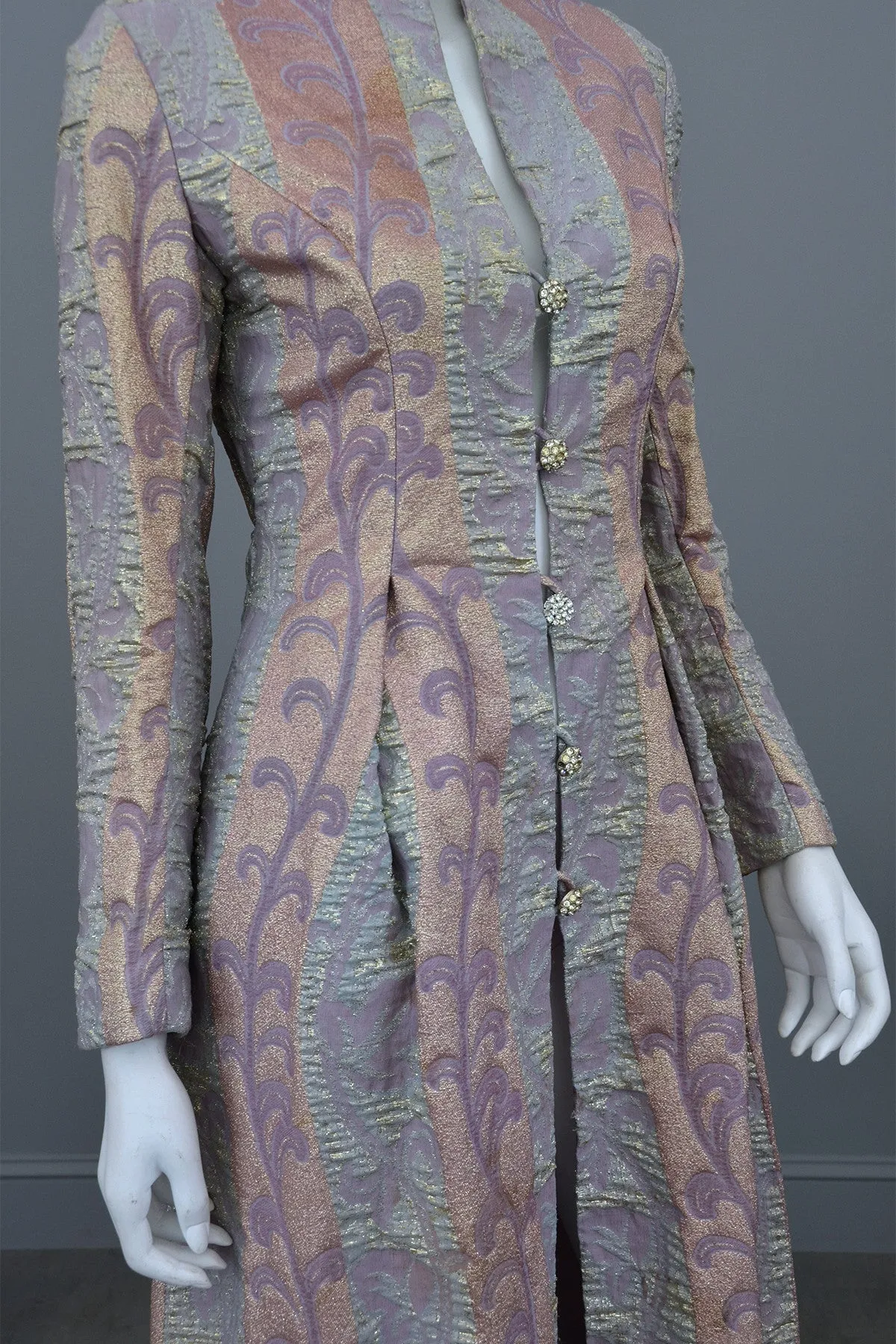 1960s 70s Lurex Brocade Maxi Evening Dress Coat XS