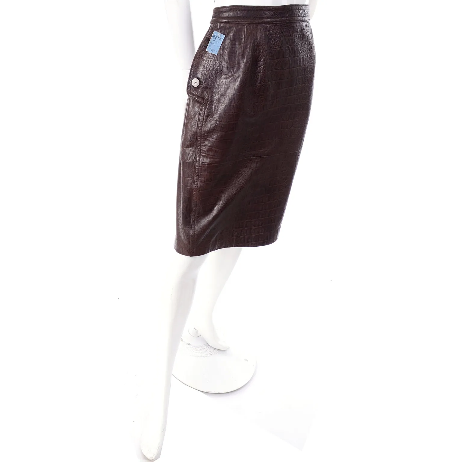 1990s Vintage Valentino Deadstock Alligator Embossed Leather Pencil Skirt