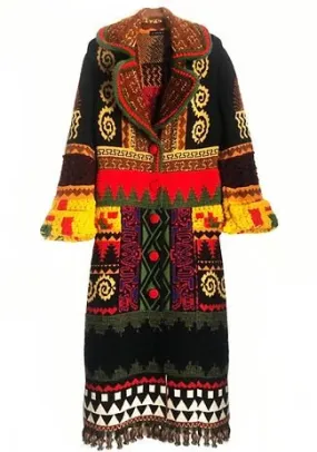 2000s ETRO JACQUARD WOOL MULTI COLOUR LONG COAT