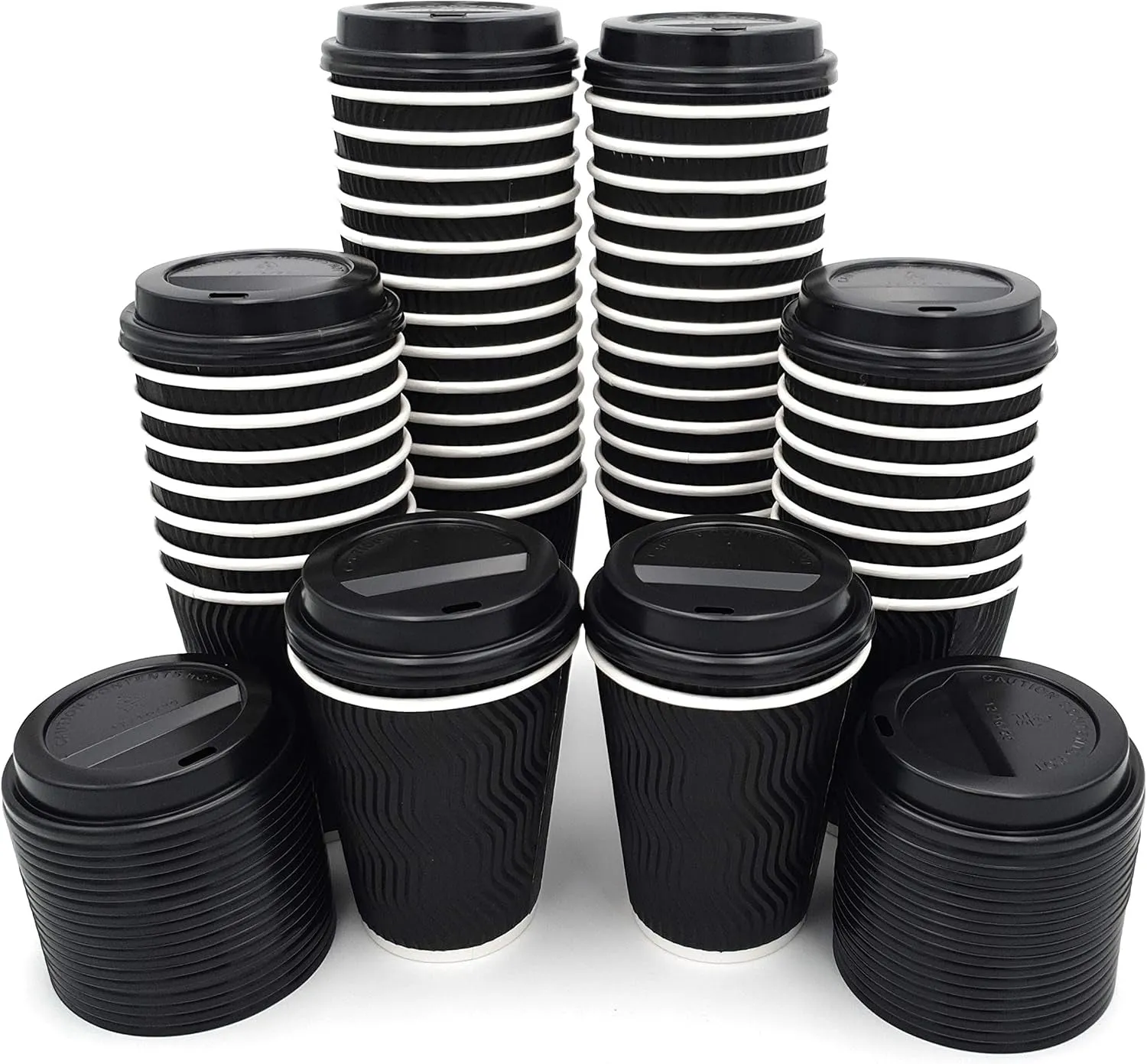 [50 Pack Takeaway Coffee Cups with Lids | Disposable Insulated Triple Wall Ripple Kraft Paper Coffee Cups for Takeaway Coffee, Tea or hot Liquids | Pack of 50 (12 Oz.), Black