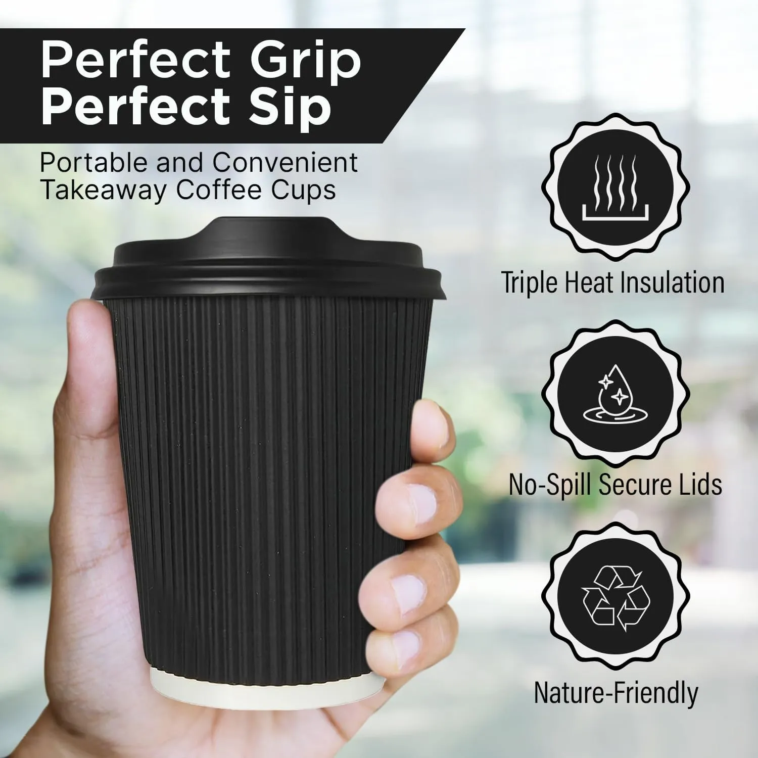 [50 Pack Takeaway Coffee Cups with Lids | Disposable Insulated Triple Wall Ripple Kraft Paper Coffee Cups for Takeaway Coffee, Tea or hot Liquids | Pack of 50 (12 Oz.), Black