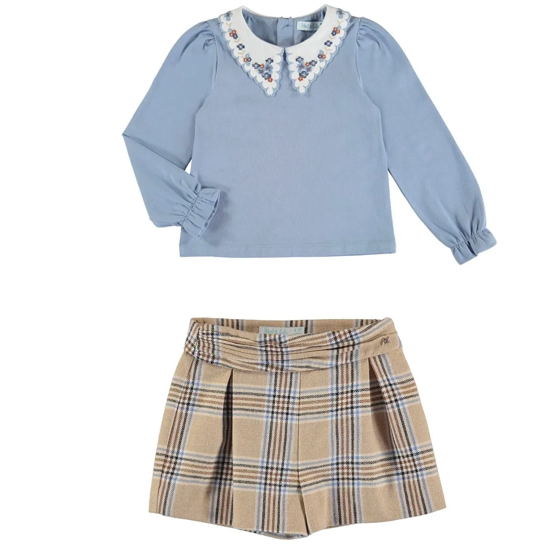 ABEL & LULA - Plaid Shorts & Embroidered Blouse - Blue