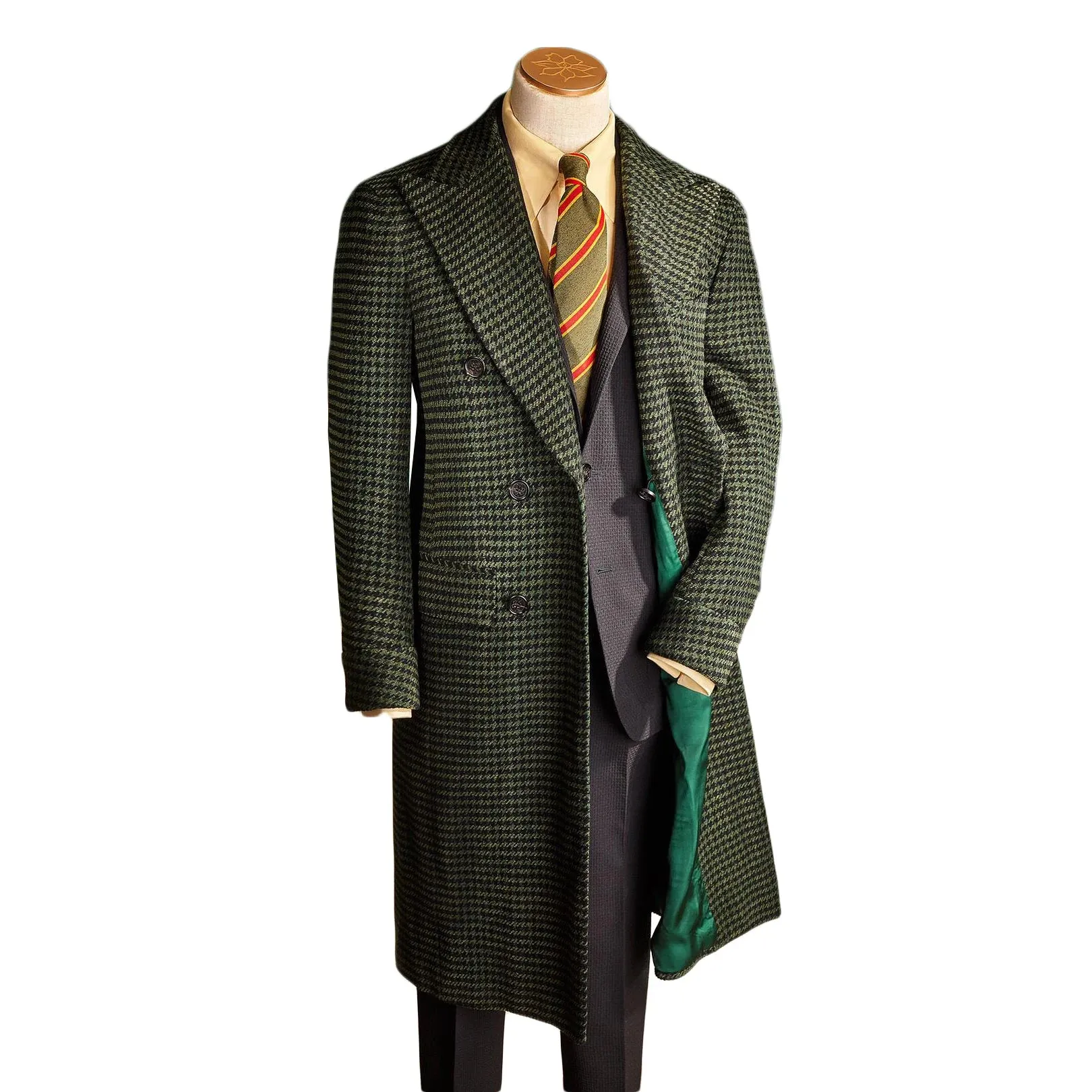 Aidase Houndstooth Men Long Coat Overcoat Double Breasted Green Warm Woolen Pockets Business Causal Daily Tailored