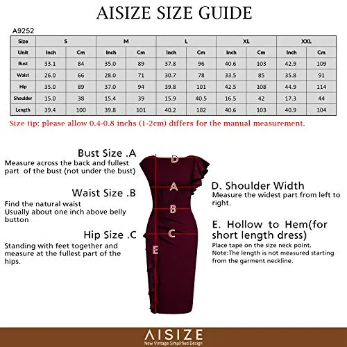 AISIZE Women's Pinup Vintage Ruffle Sleeves Cocktail Party Pencil Dress Small Burgundy