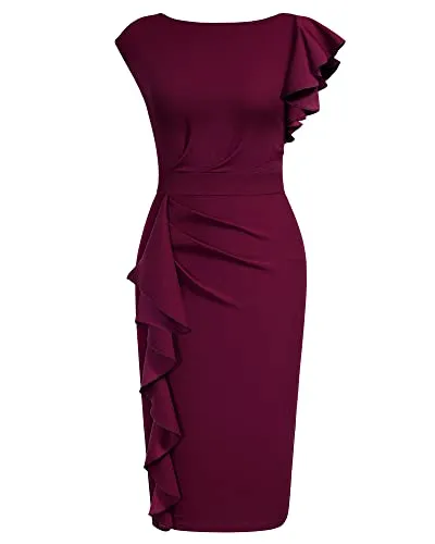 AISIZE Women's Pinup Vintage Ruffle Sleeves Cocktail Party Pencil Dress Small Burgundy