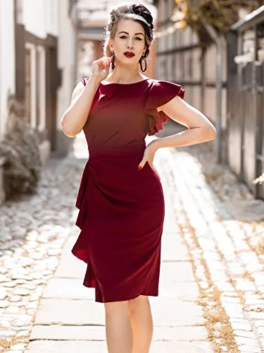 AISIZE Women's Pinup Vintage Ruffle Sleeves Cocktail Party Pencil Dress Small Burgundy