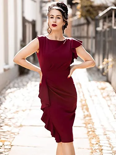 AISIZE Women's Pinup Vintage Ruffle Sleeves Cocktail Party Pencil Dress Small Burgundy