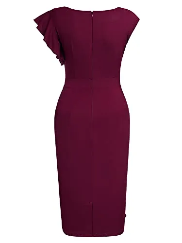 AISIZE Women's Pinup Vintage Ruffle Sleeves Cocktail Party Pencil Dress Small Burgundy