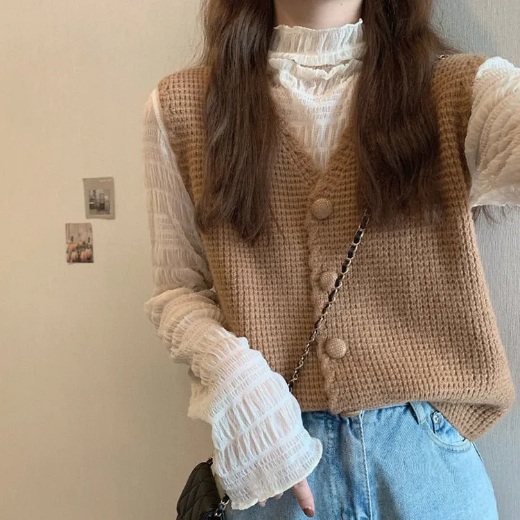 All-Match Winter Spring Woman Solid Casual Knitted Vest Cardigan Women's Loose Soft Coat Elegant Warm Sweater Button Retro Mori