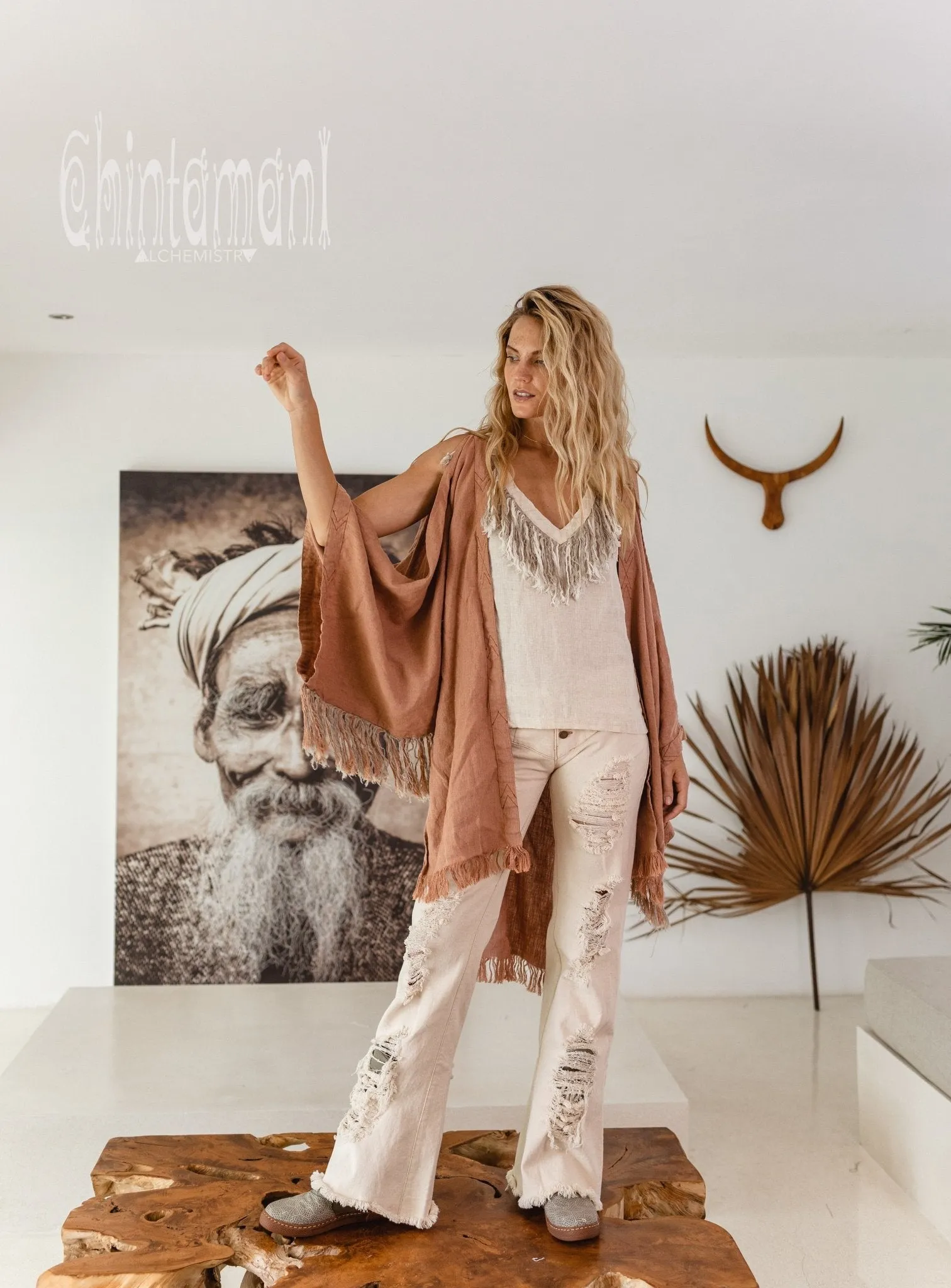 Alma Libra Linen Fringe Kimono ∆ Boho Cardigan Robe / Dusty Pink