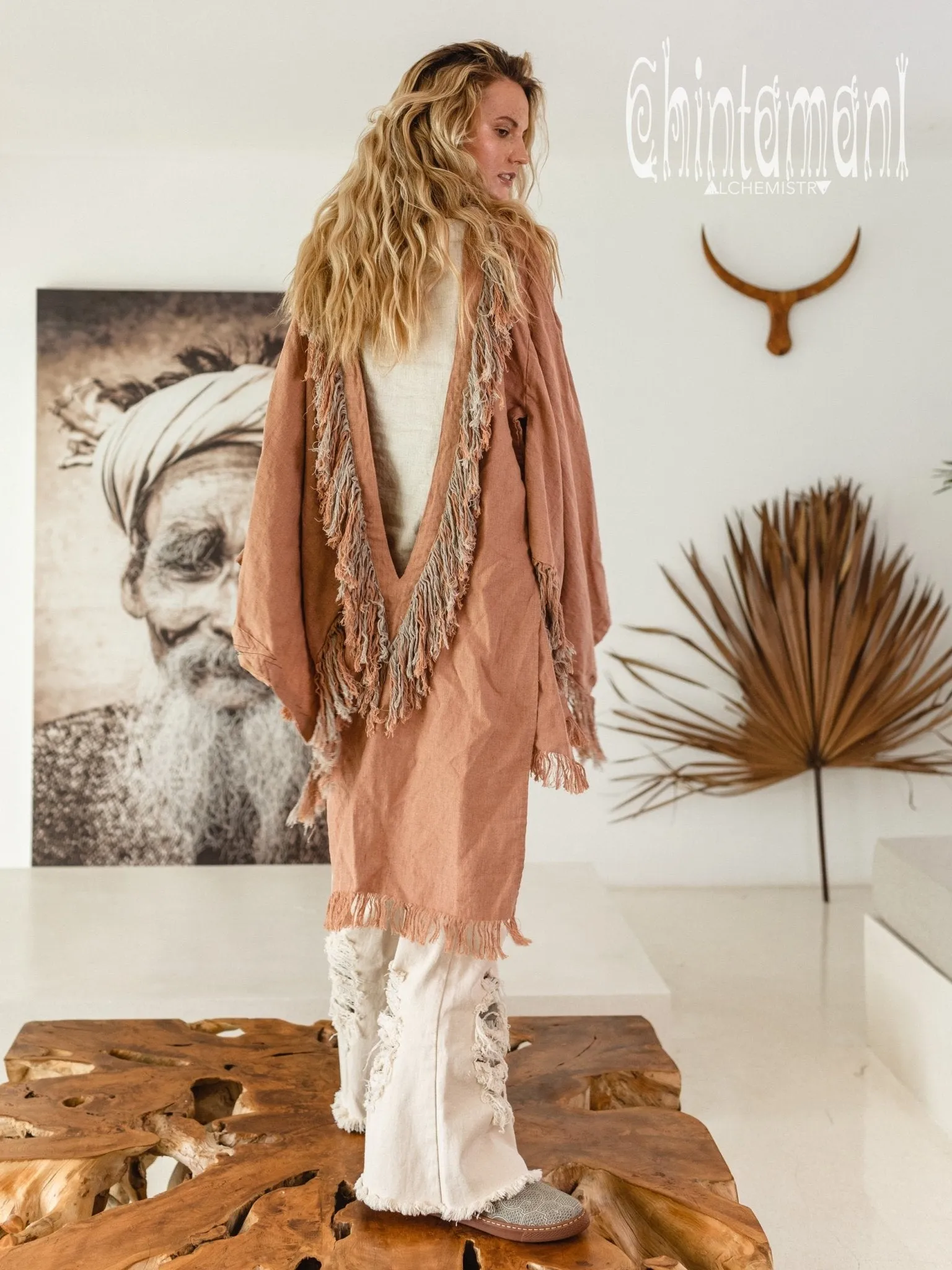 Alma Libra Linen Fringe Kimono ∆ Boho Cardigan Robe / Dusty Pink