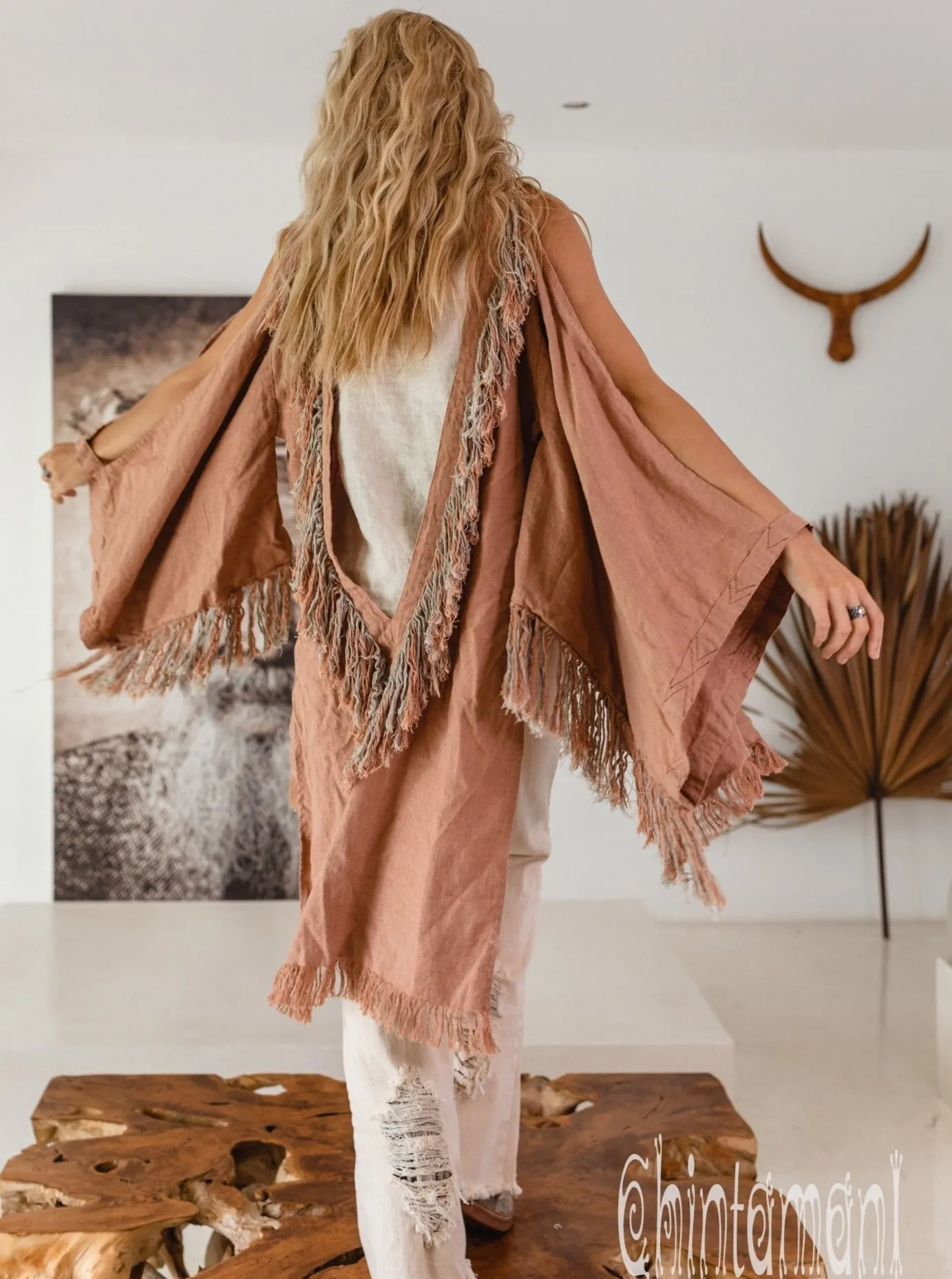 Alma Libra Linen Fringe Kimono ∆ Boho Cardigan Robe / Dusty Pink