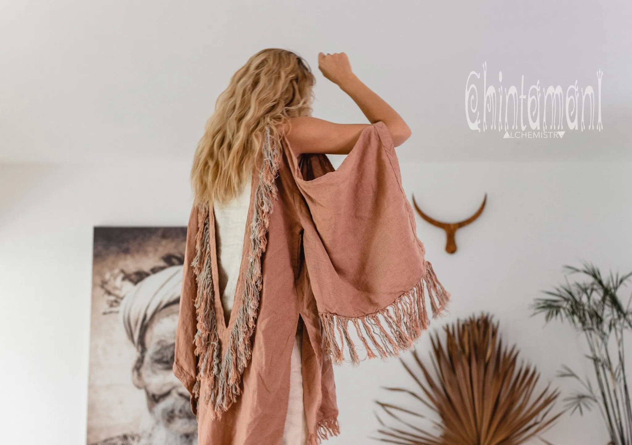 Alma Libra Linen Fringe Kimono ∆ Boho Cardigan Robe / Dusty Pink