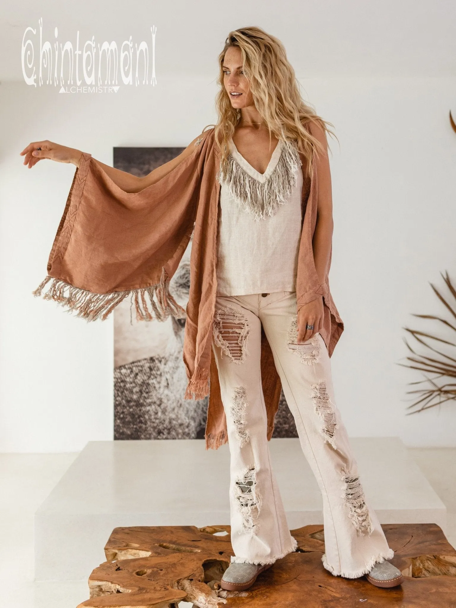 Alma Libra Linen Fringe Kimono ∆ Boho Cardigan Robe / Dusty Pink