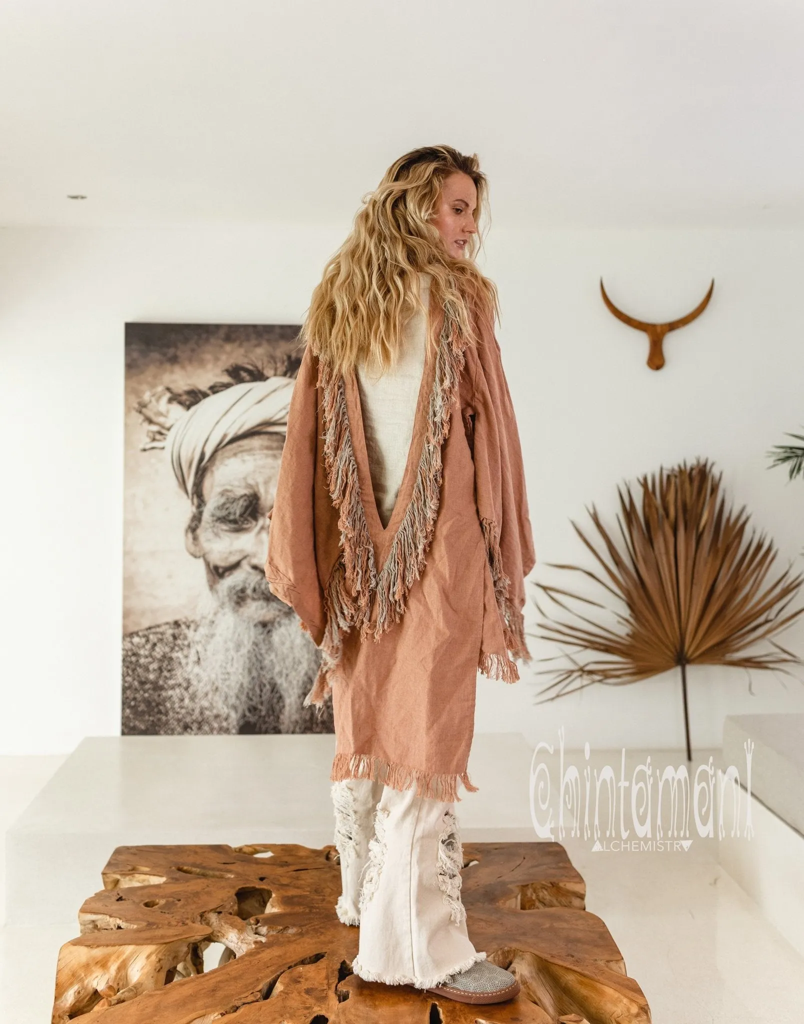 Alma Libra Linen Fringe Kimono ∆ Boho Cardigan Robe / Dusty Pink