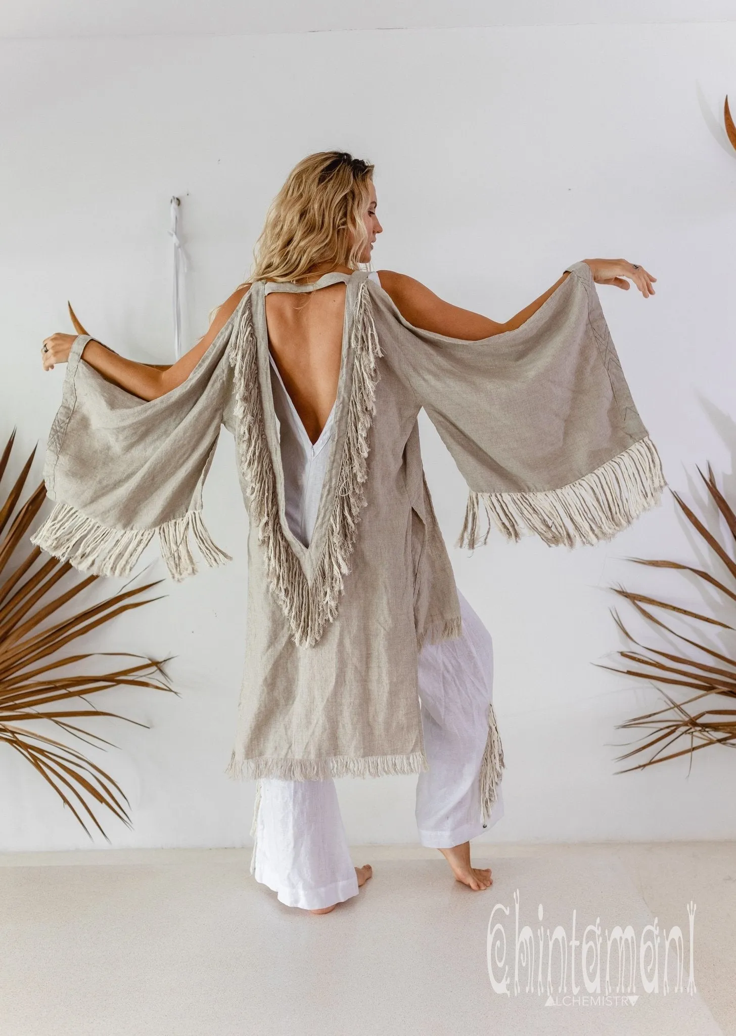 Alma Libra Linen Fringe Kimono ∆ Boho Cardigan Robe / Natural Gray