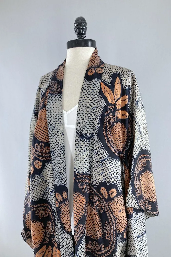 Antique Navy & Coral Shibori Silk Kimono Cardigan