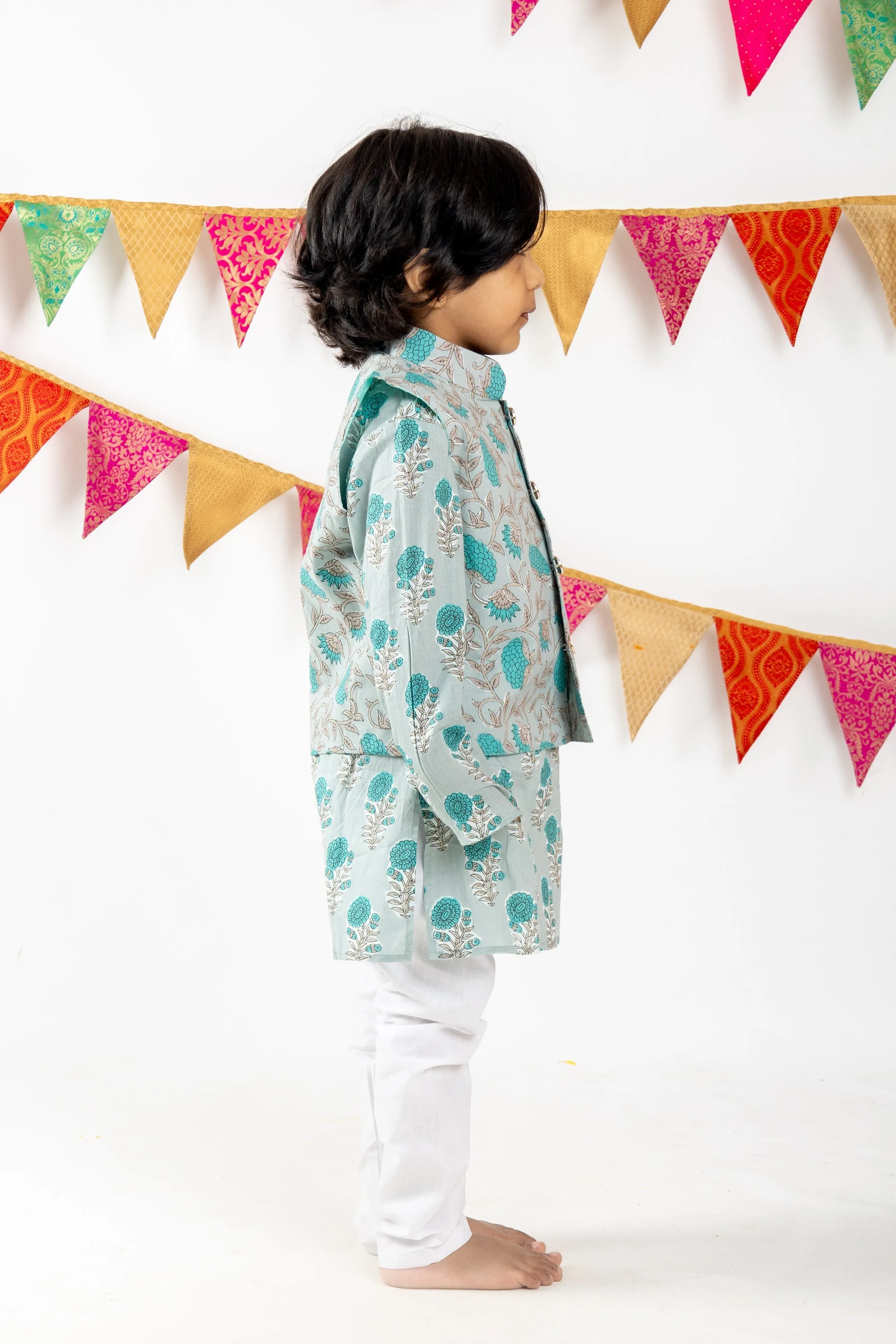 Ash Grey With Green Floral Printed Cotton Kurta For Baby Boys