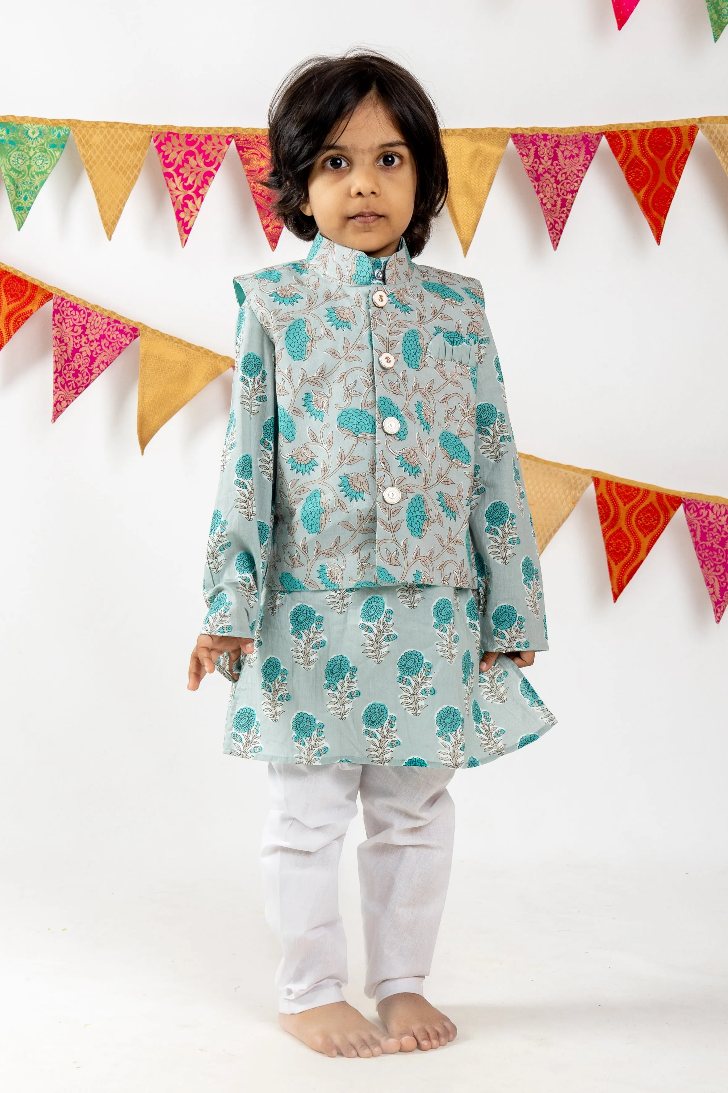 Ash Grey With Green Floral Printed Cotton Kurta For Baby Boys