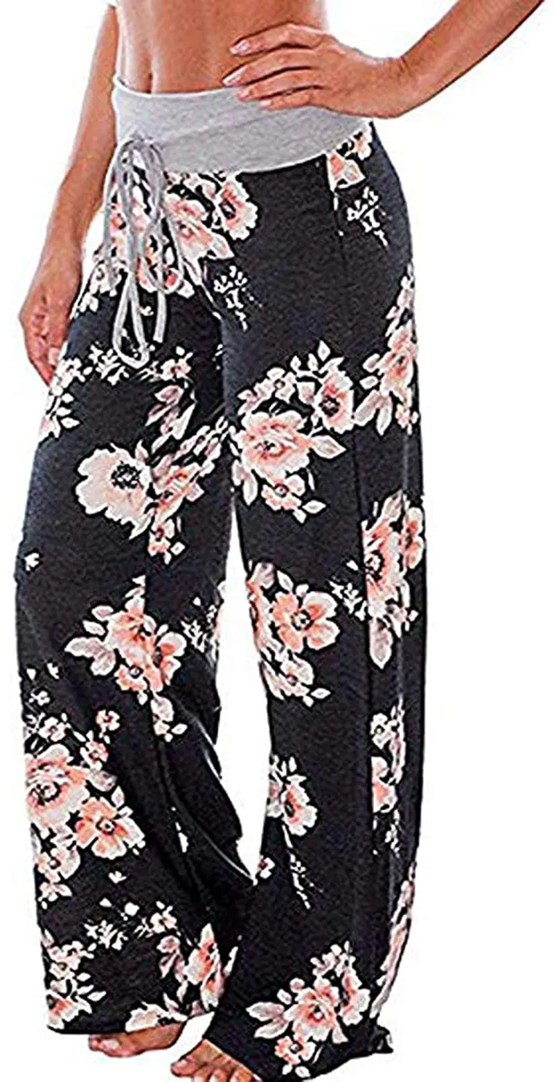 Askwind Women's Floral Print Comfy Stretch Drawstring Palazzo Wide Leg Lounge Pants