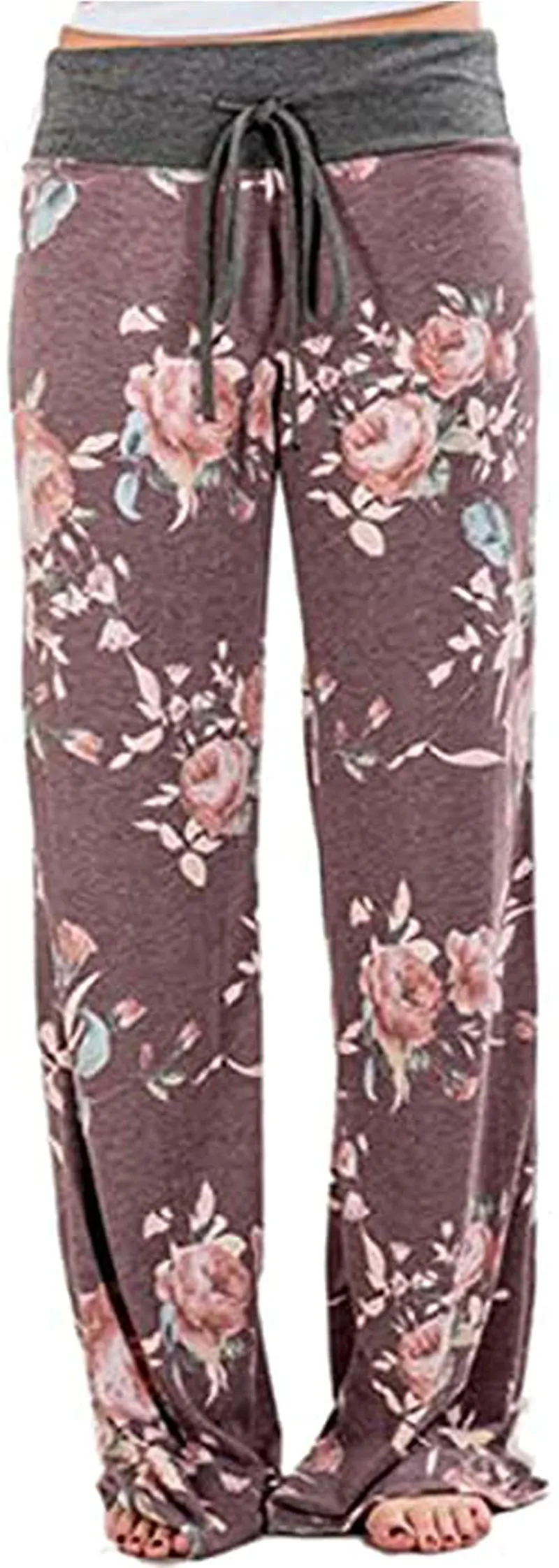 Askwind Women's Floral Print Comfy Stretch Drawstring Palazzo Wide Leg Lounge Pants