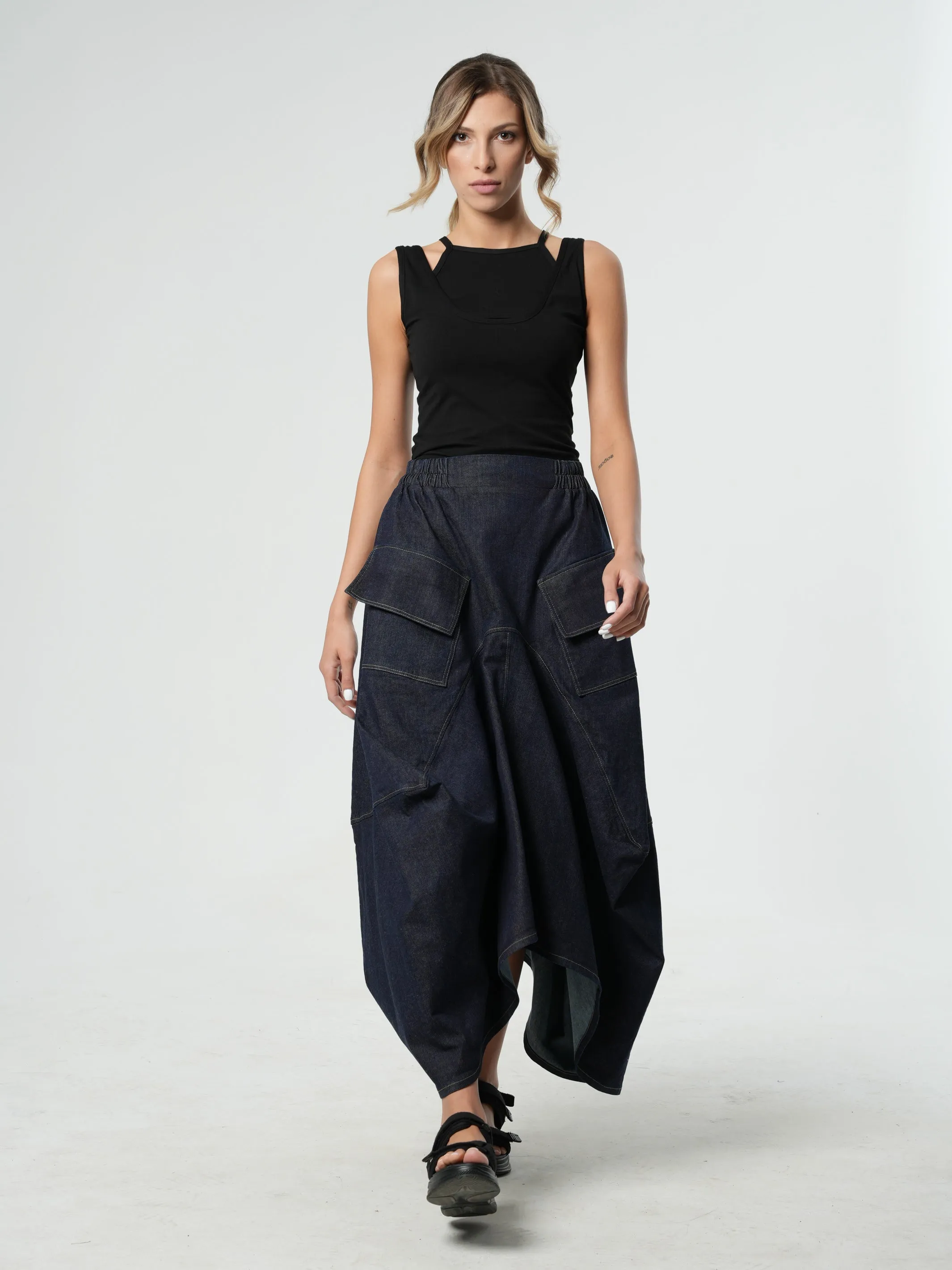 Asymmetrical Long Dark Denim Skirt