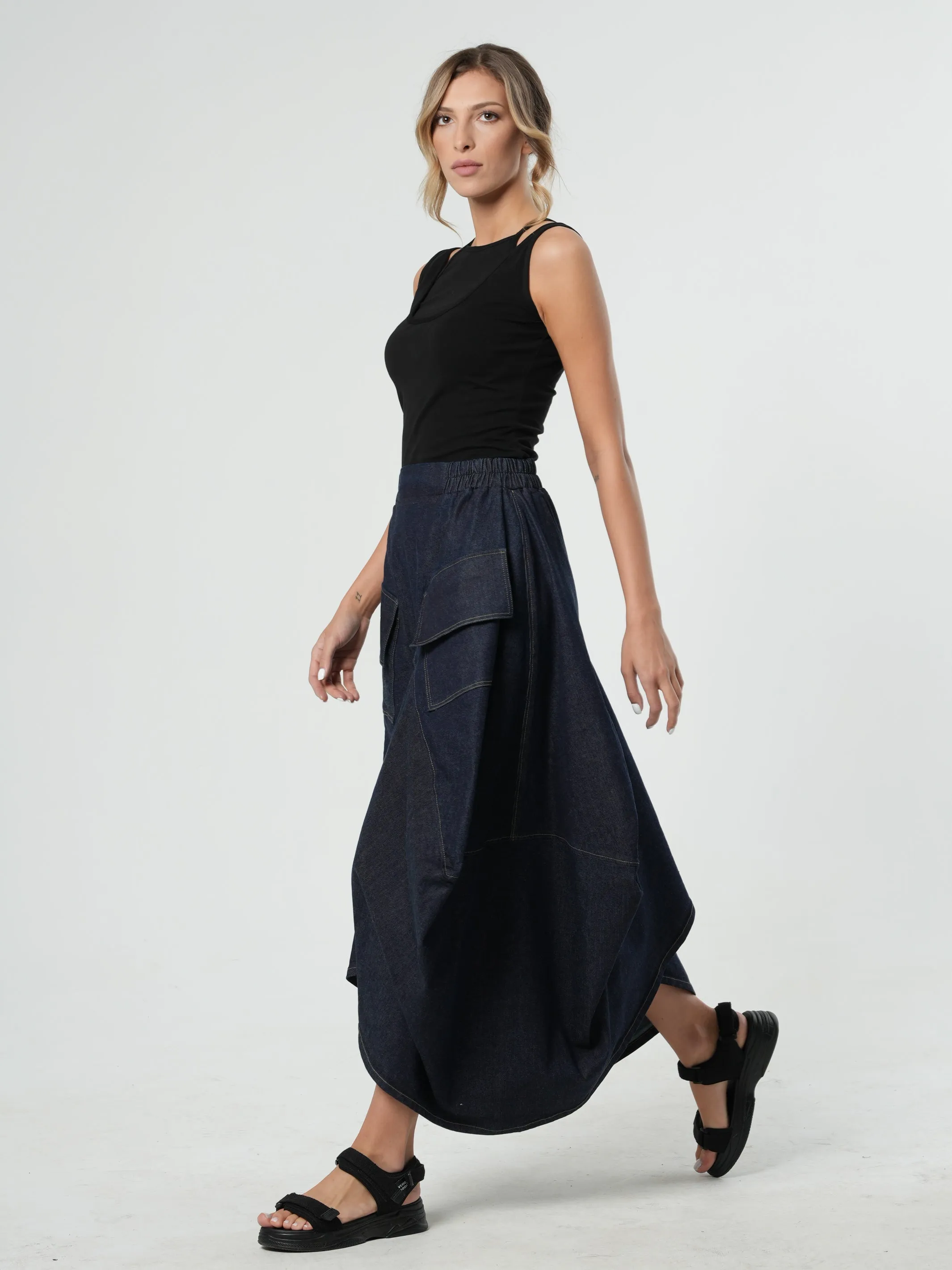 Asymmetrical Long Dark Denim Skirt