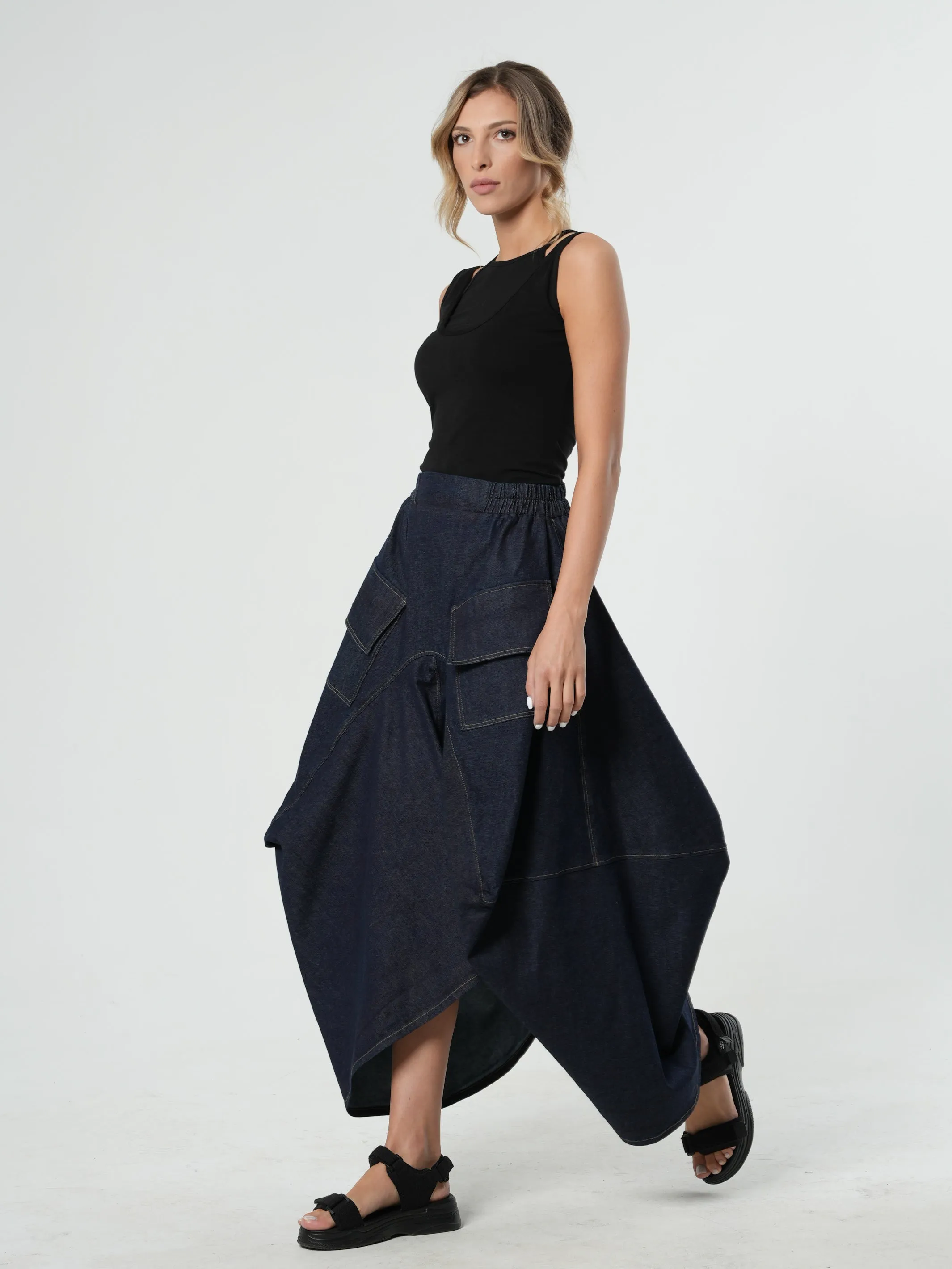 Asymmetrical Long Dark Denim Skirt