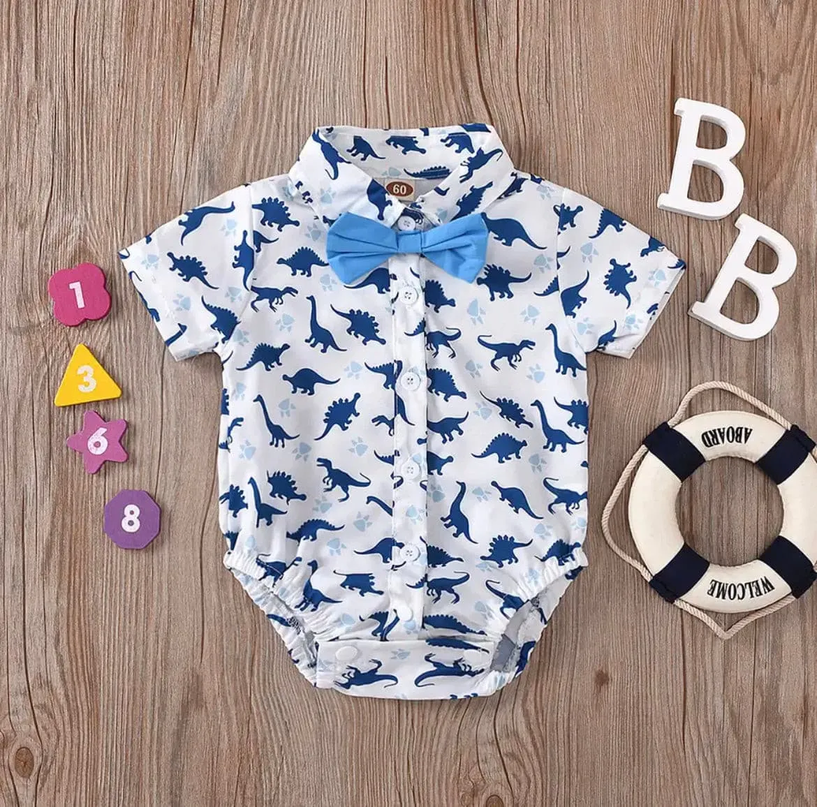 Baby Boy Dinosaur Romper   Bow tie - Blue