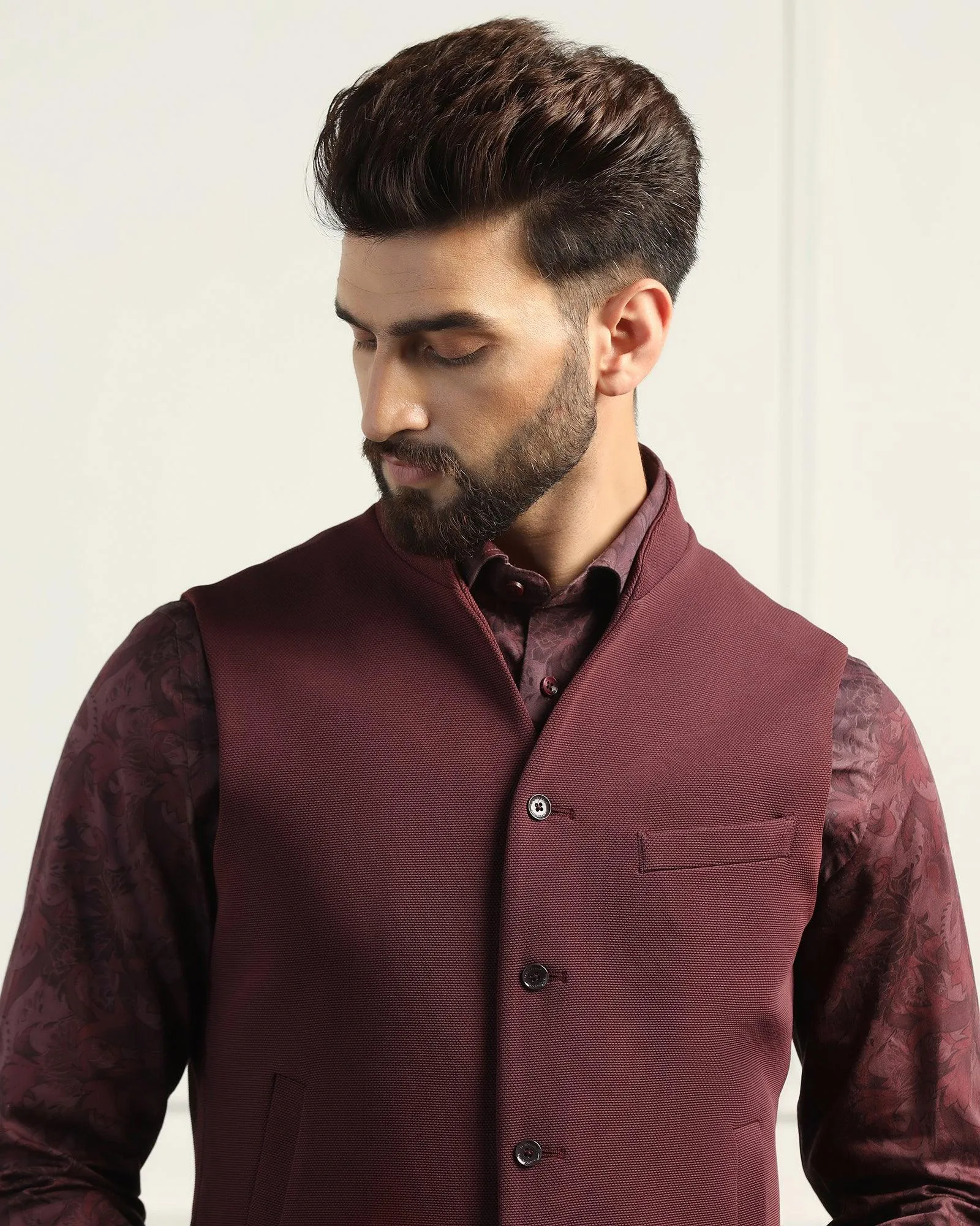 Bandhgala Formal Maroon Textured Waistcoat - Sail