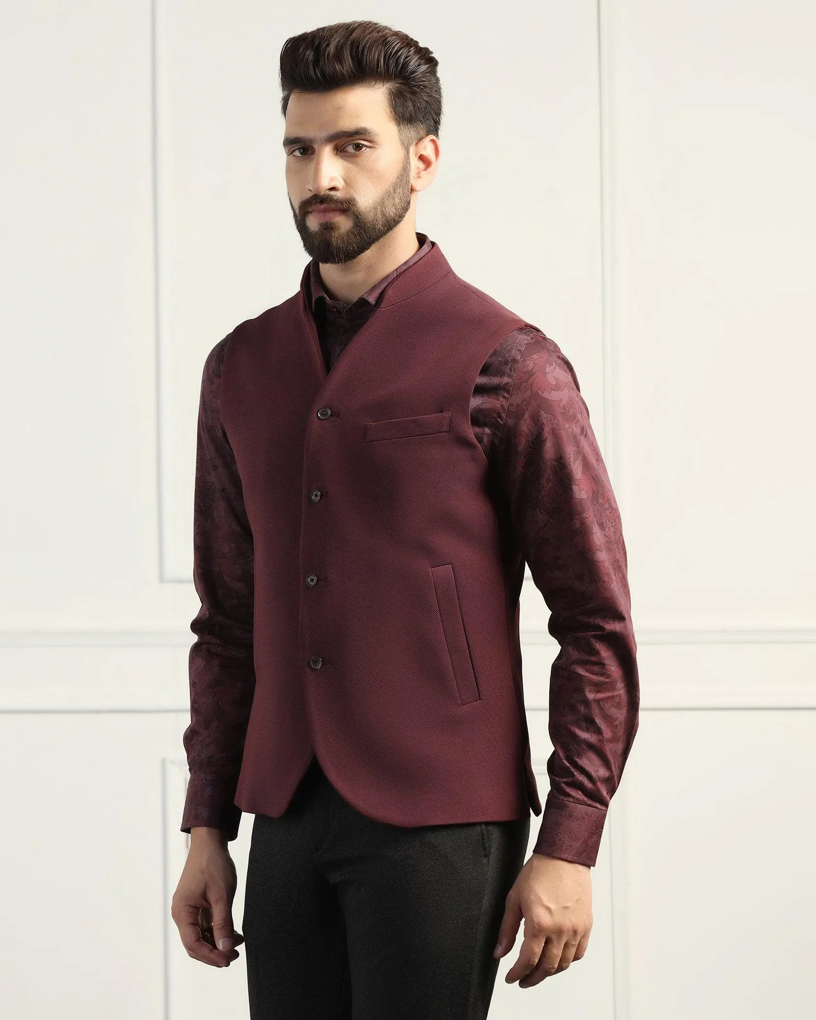 Bandhgala Formal Maroon Textured Waistcoat - Sail