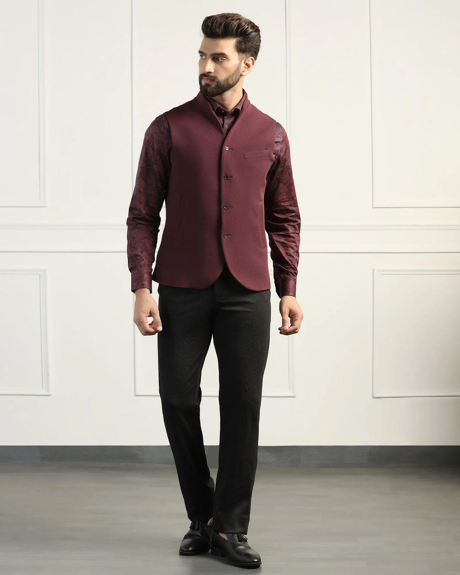 Bandhgala Formal Maroon Textured Waistcoat - Sail