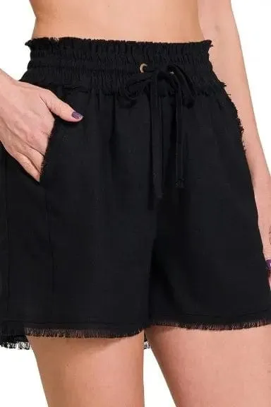 Black Frayed Hem Drawstring Shorts