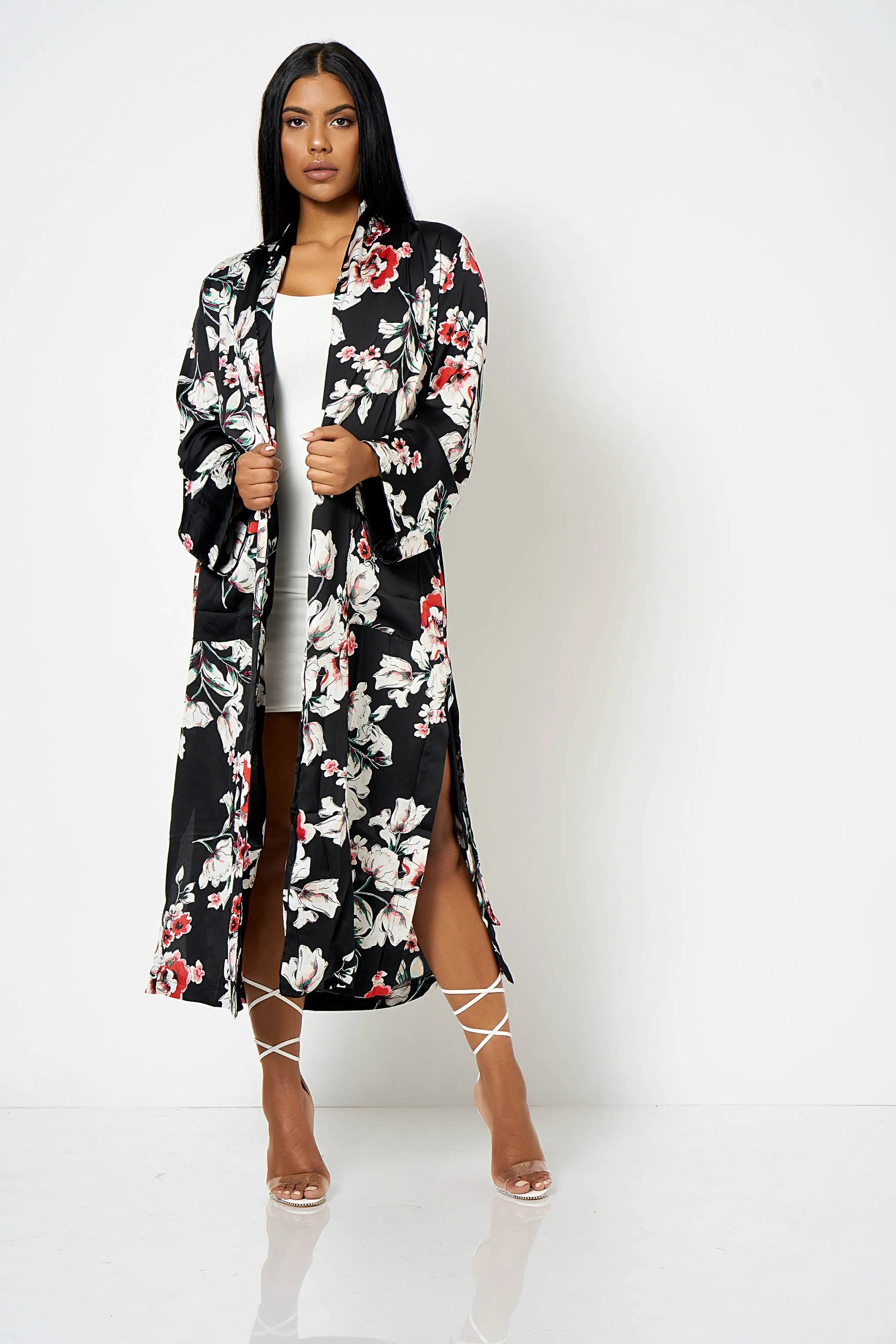 Black Satin Floral Duster Coat