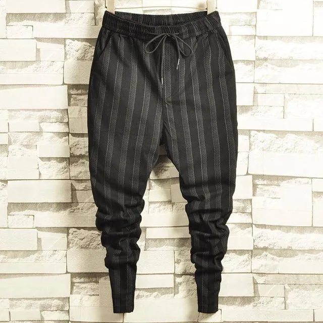 Black Vertical Stripe Stretch Harem Drawstring Comfy Style Men Pants