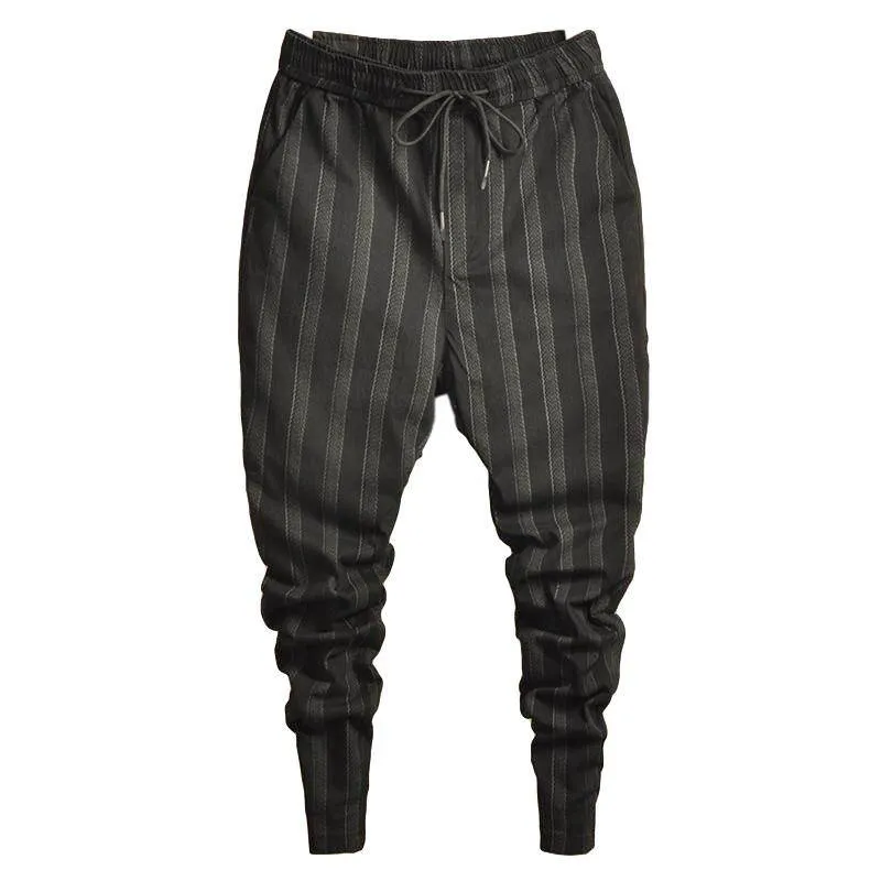 Black Vertical Stripe Stretch Harem Drawstring Comfy Style Men Pants