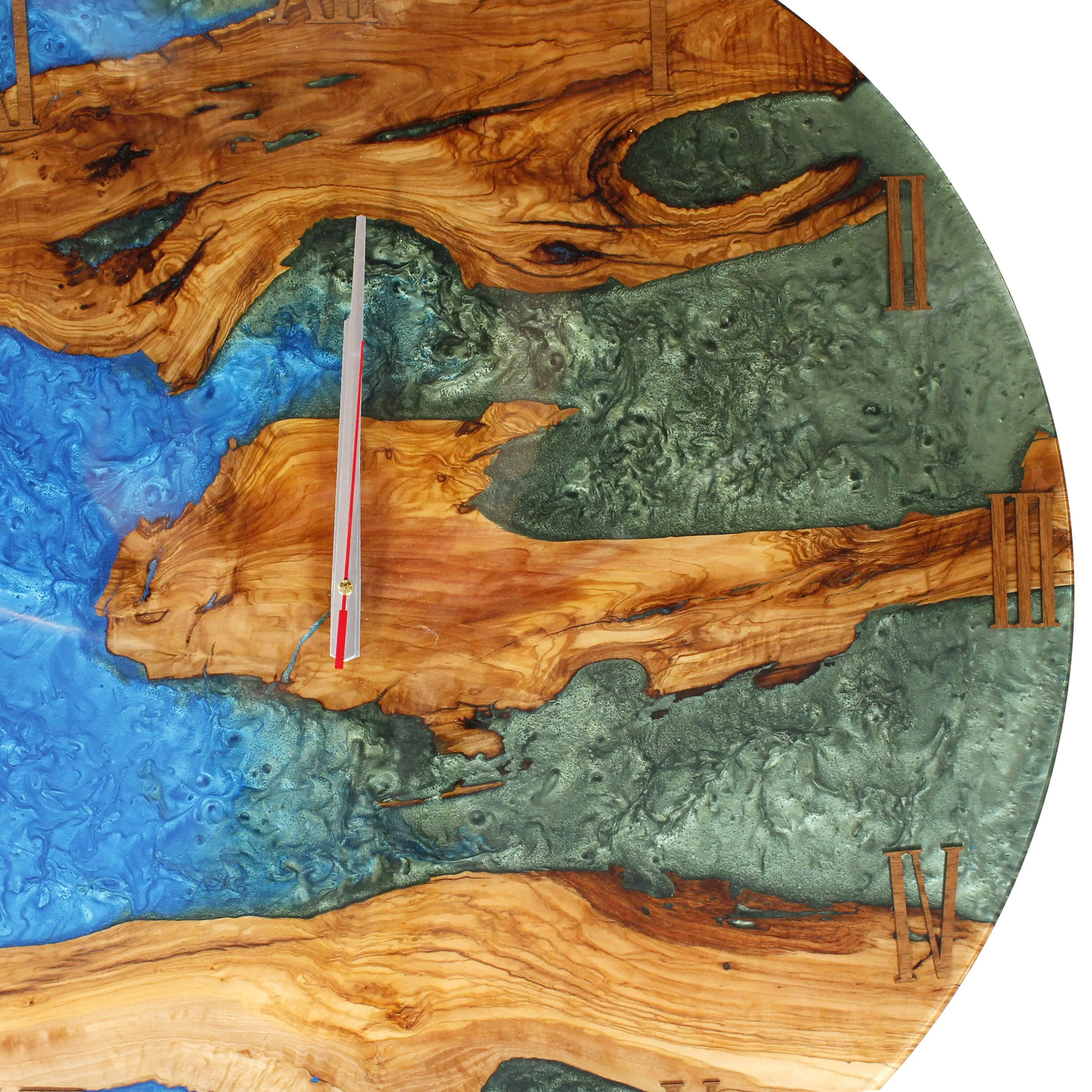 Blue Green Resin Epoxy Wall Clock Live Edge Olive Wood - 28 Inches