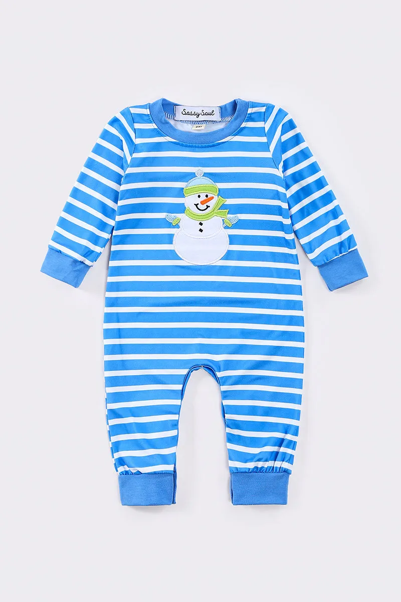 Blue stripe christmas snowman applique boy romper