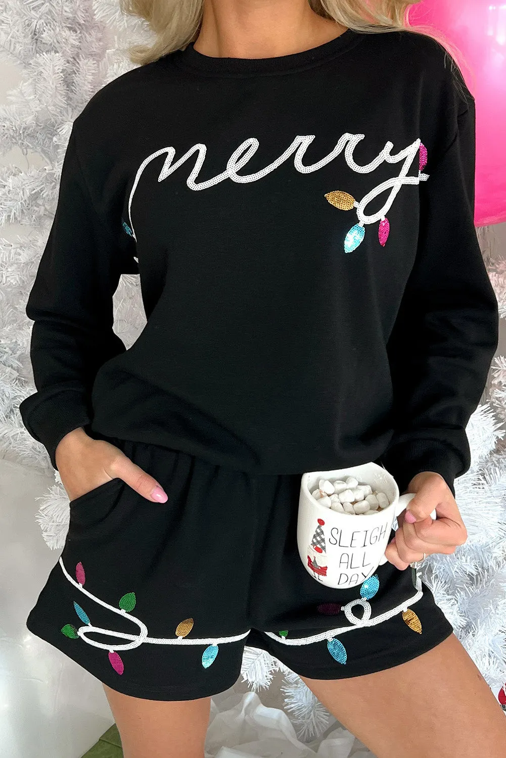 Blue Zone Planet |  Black Sequin Merry Graphic Pullover and Shorts Outfit