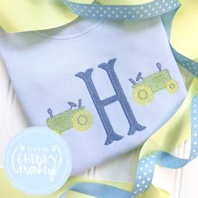 Boy Shirt  Initial with Mini Tractor on Light Blue Shirt