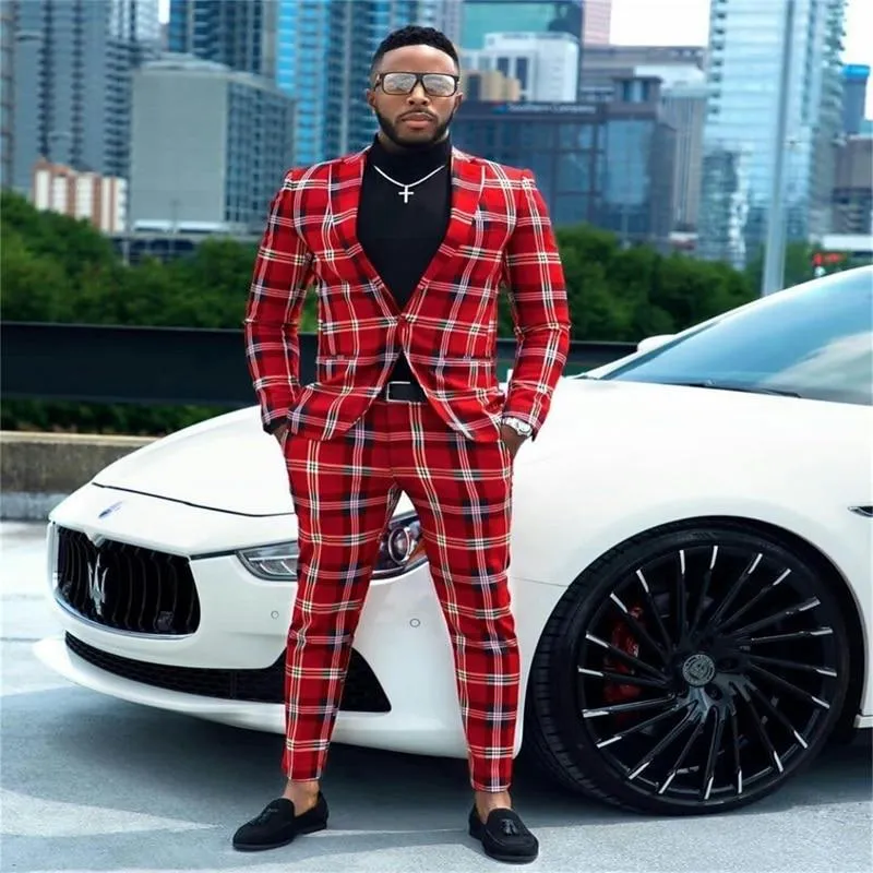 British Checkered 2 Piece Red Men Suits Modern Formal Customized Fit One Button Lapel Party Suits Wedding Tuxedo Coat Pant