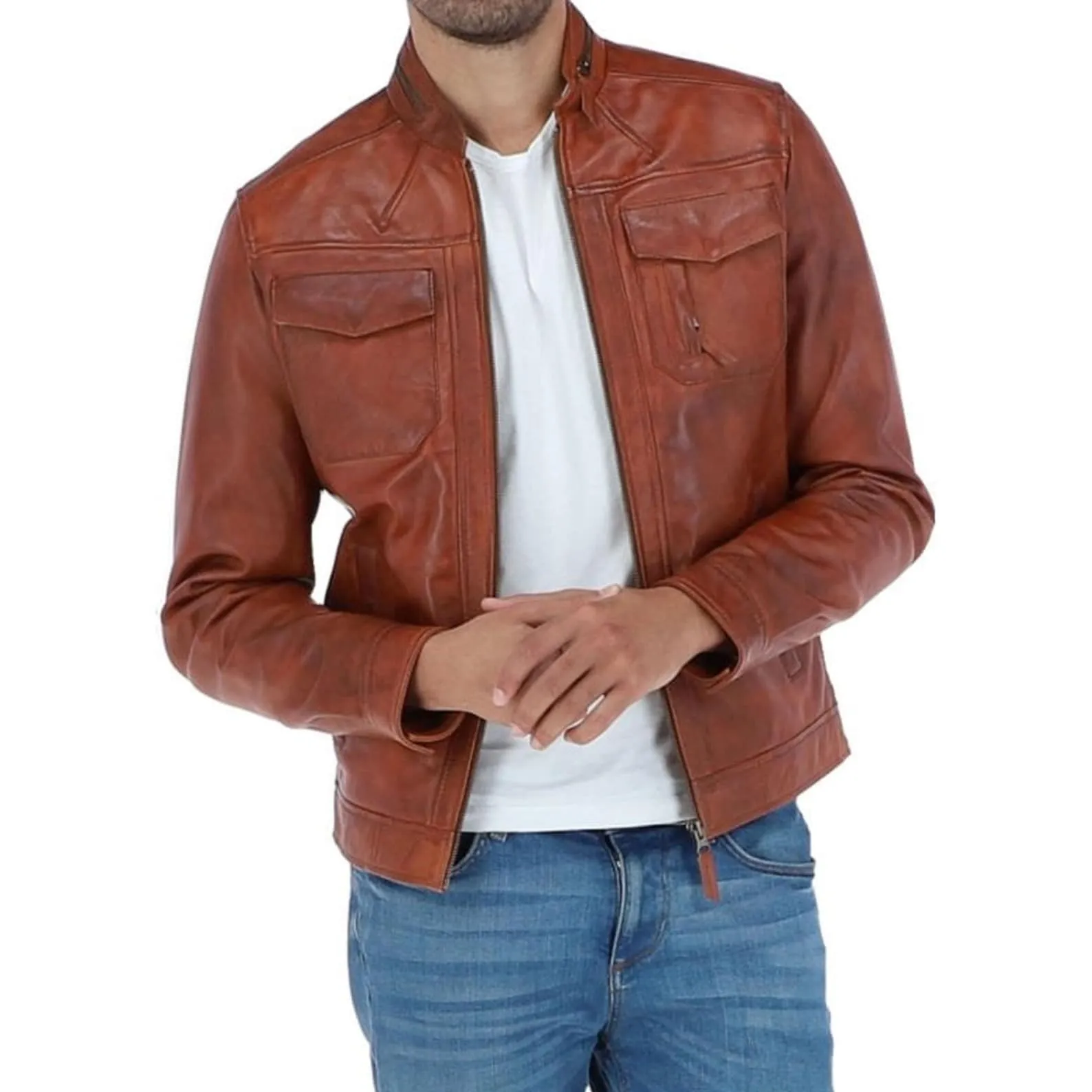 Brown Handmade Distressed Biker Leather Jacket