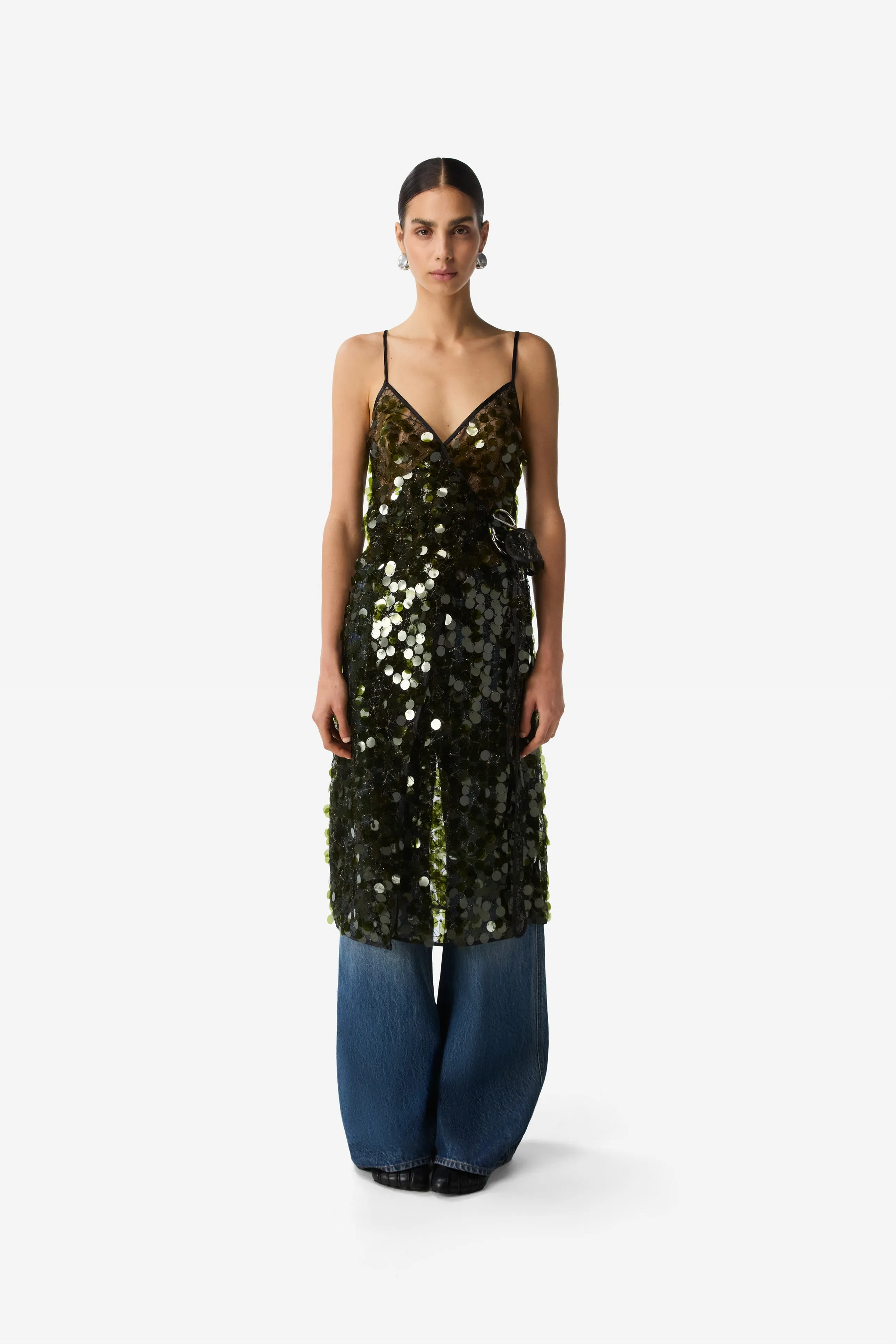 C-Logo Sequin Wrap Slip Dress