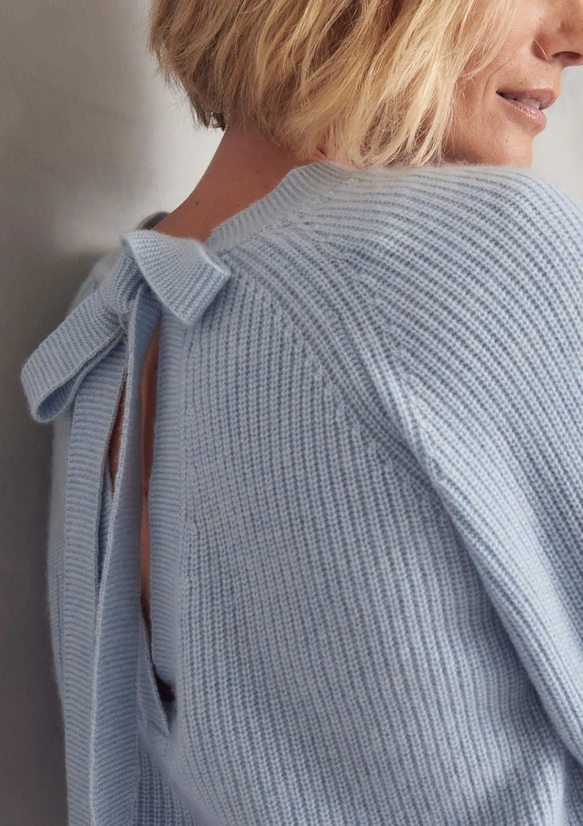 Cashmere Tie Back Sweater in Sky Blue