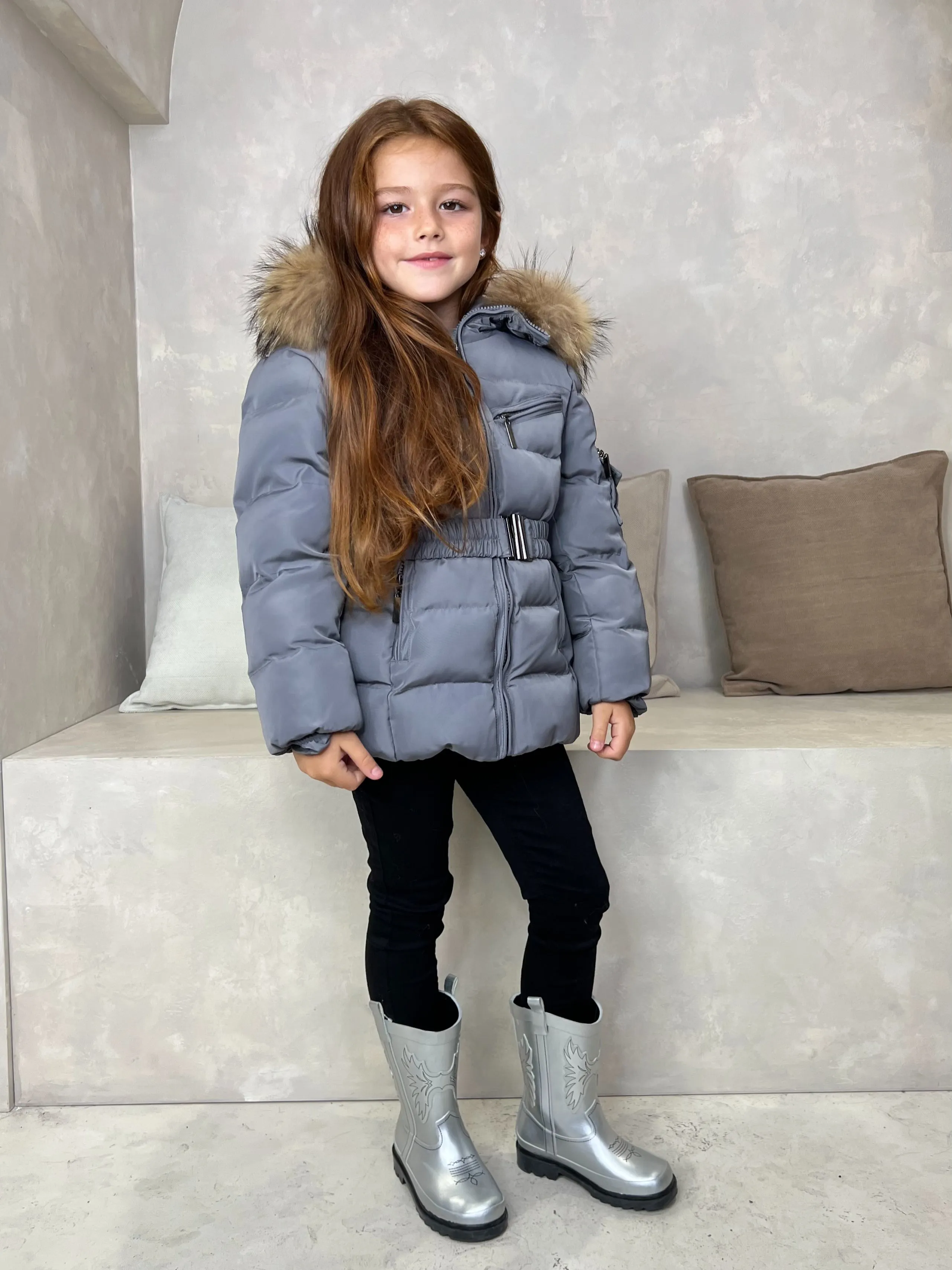 Childrens Grey Luxury Fur Padded Belted Coat