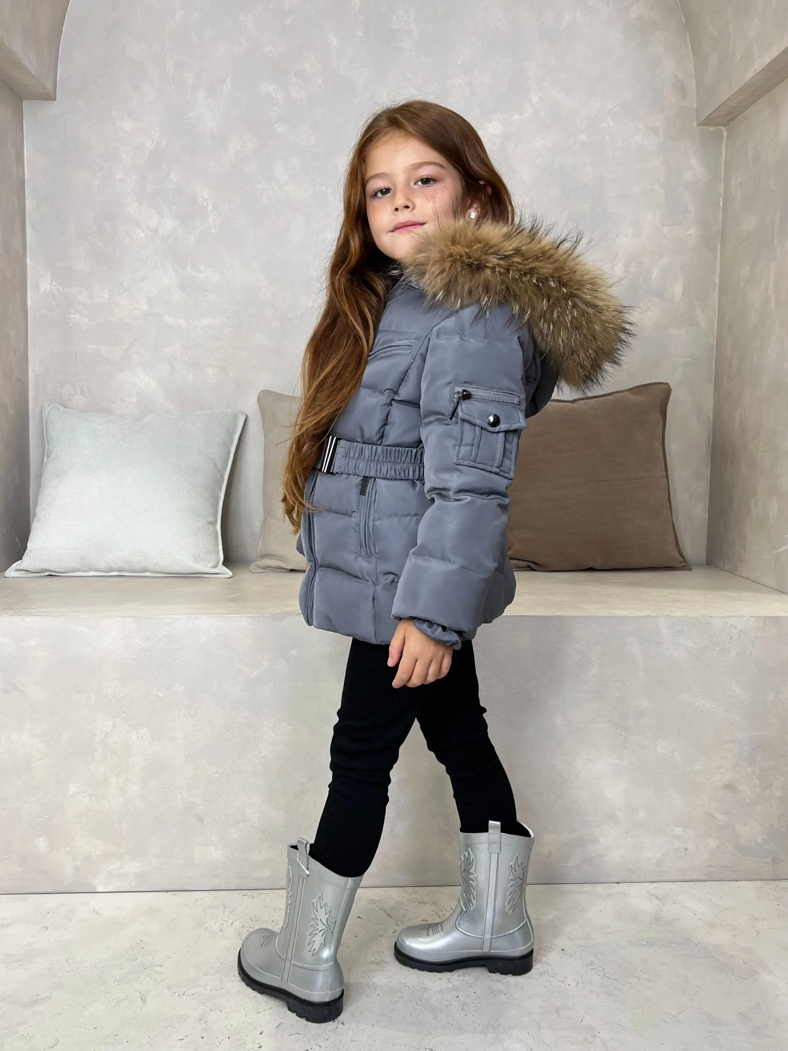 Childrens Grey Luxury Fur Padded Belted Coat