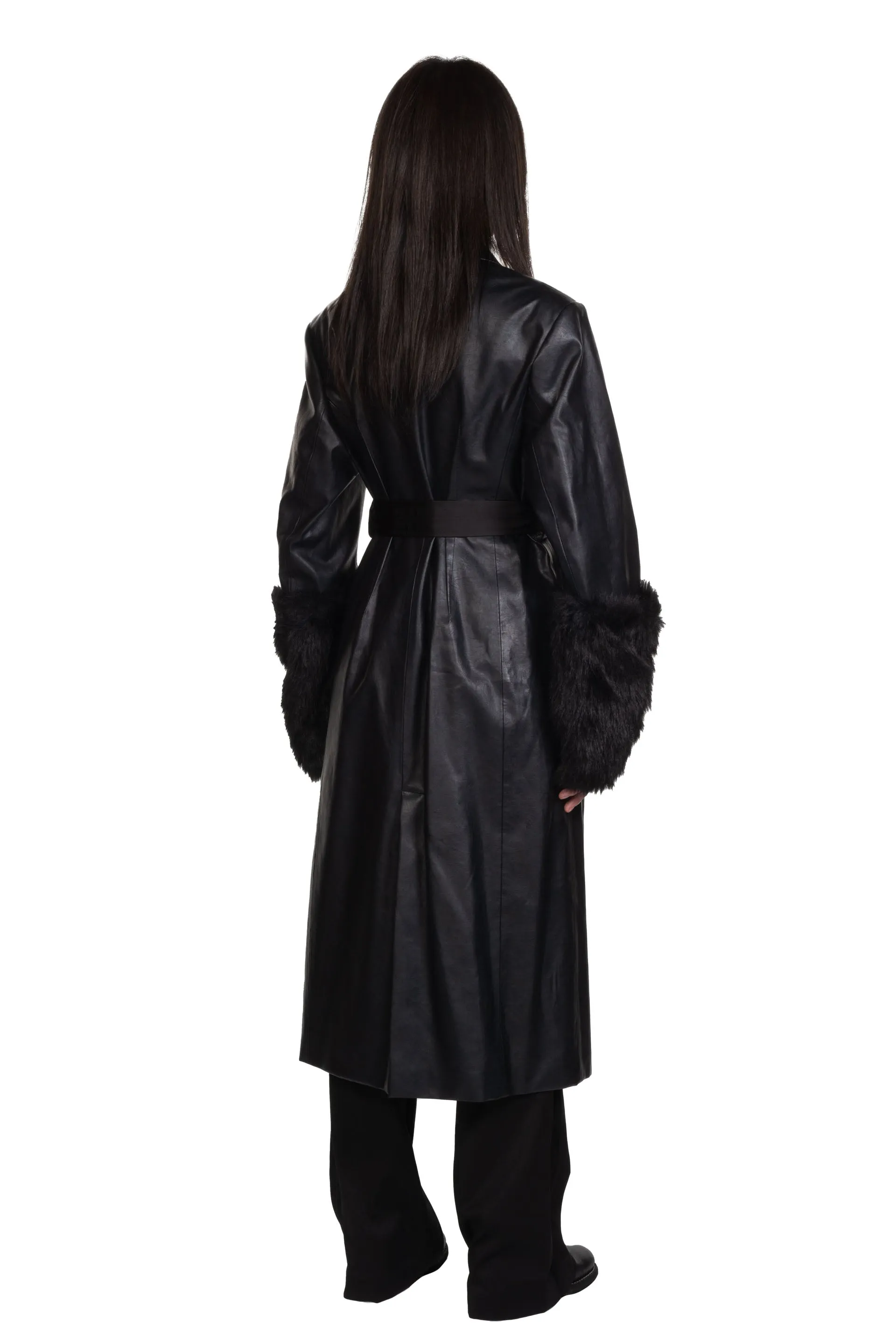 Circular Arc Buttoned Leather Coat