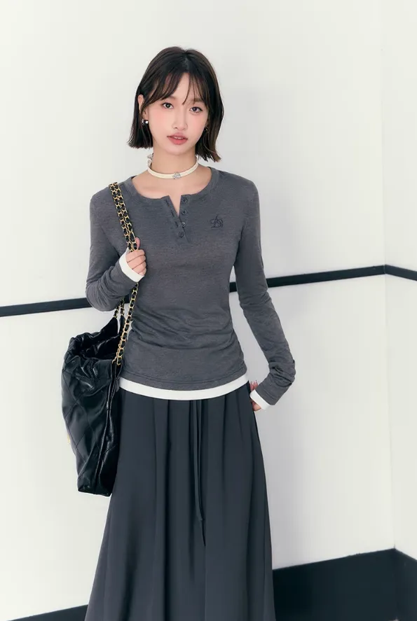 Classic Heather Gray Long Sleeve Henley Top: Fitted Women's Casual Knit Shirt with Button Placket