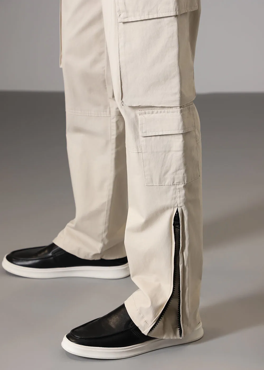 Cream Zipper Cargo Pant